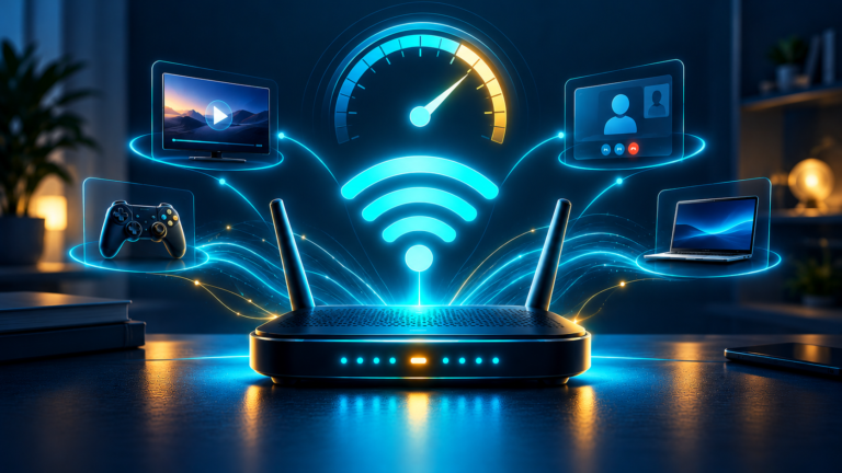 Home Wi‑Fi router with internet speed gauge and connected-device icons