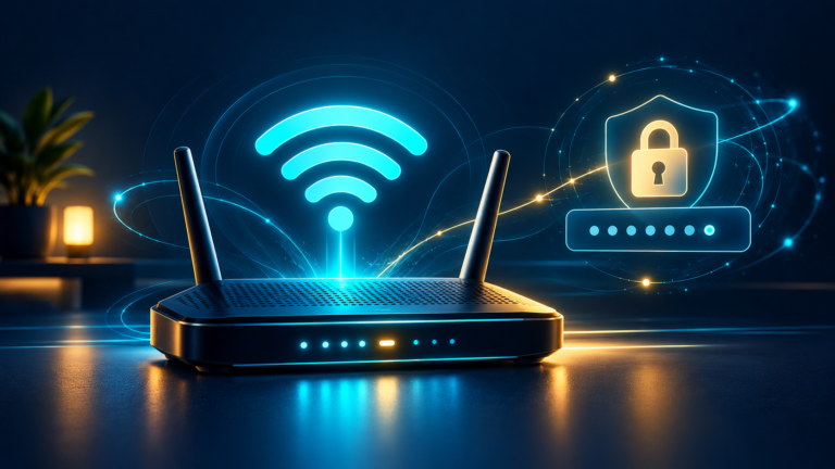 Home Wi‑Fi router with security lock and password concept