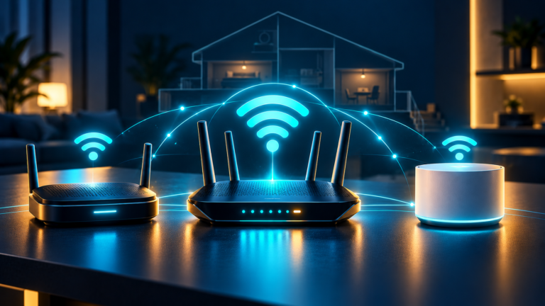 Modern Wi‑Fi routers and mesh node for choosing home network equipment