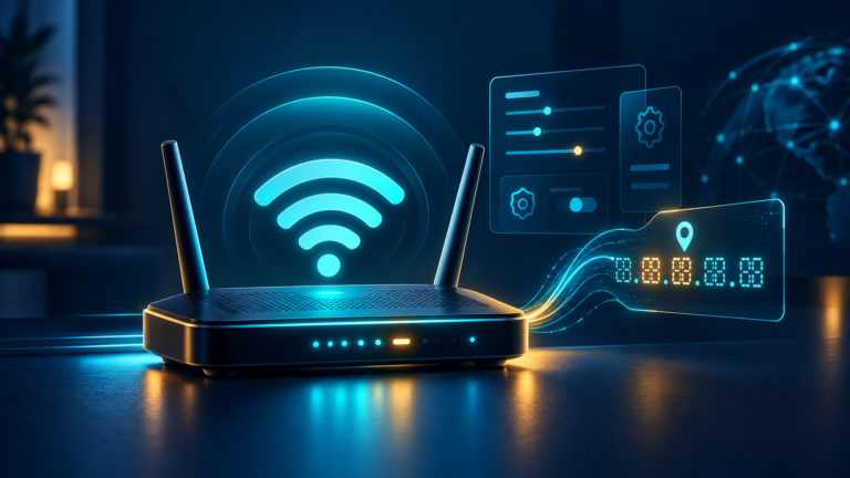 Home Wi-Fi router with network settings and IP address concept