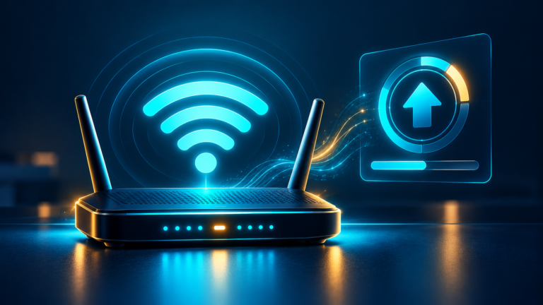Home Wi‑Fi router with a firmware update symbol