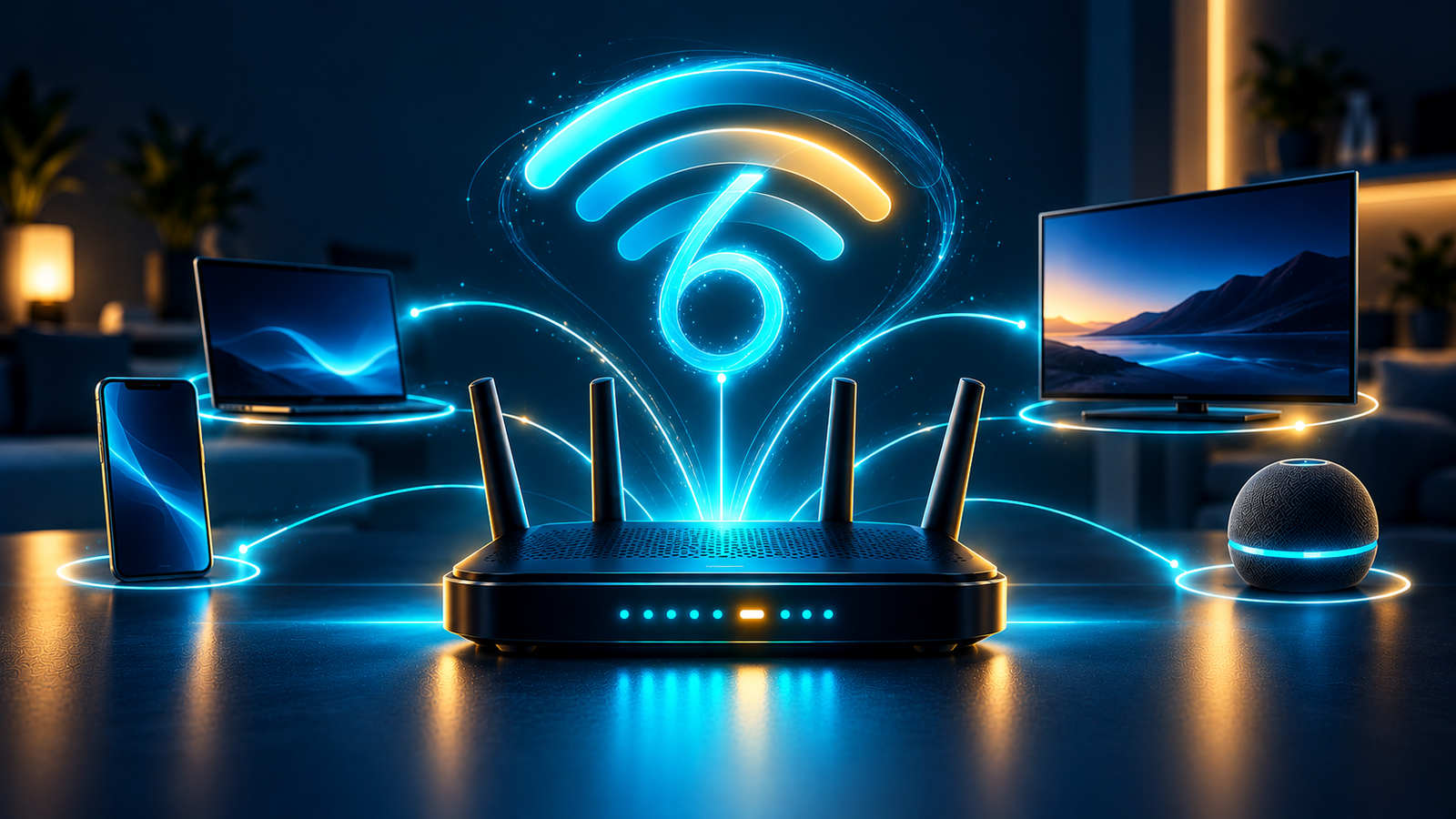 Modern Wi‑Fi 6 router connected to home devices